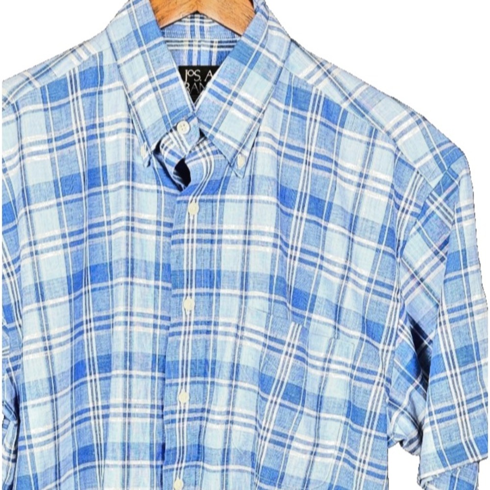 Jos A Bank Plaid Short Sleeve Button Shirt Medium Blue White 100 Linen